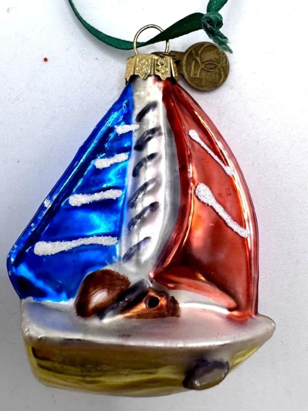 Vintage Dept 56 Tiny Trimmings Glass Sailboat Ornament Red Blue Sails Hand-Paint